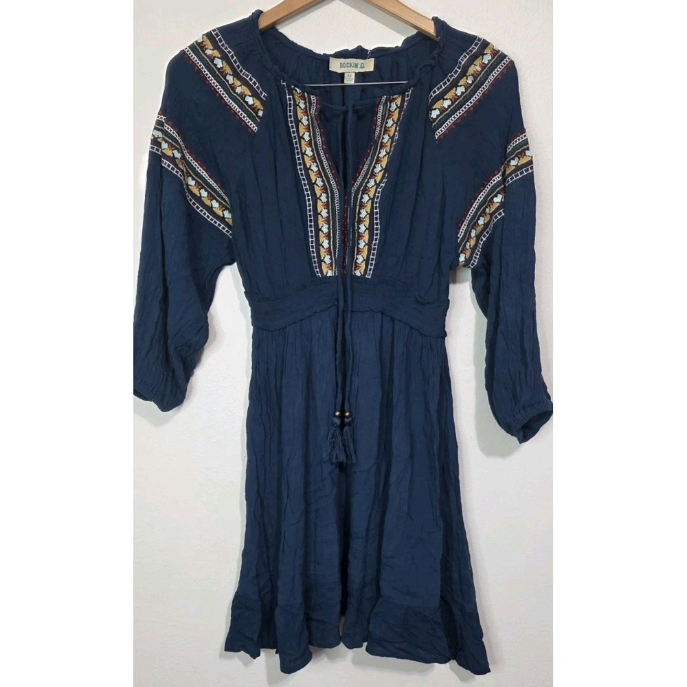 NEW‎ Rockin C Blue Western Dress Tie Front Embroidered Sleeves M Cavenders Rodeo